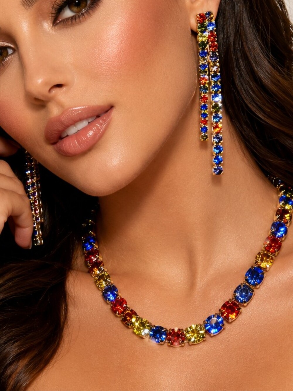 GUESS NIB Rainbow Crystal Necklace Bracelet & Earrings‎ Set Statement Jewelry
